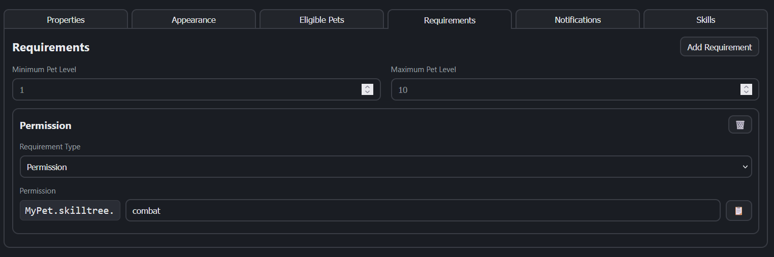 The Requirements section, which allows you to configure requirements that must be met in order to be able to use the skilltree.