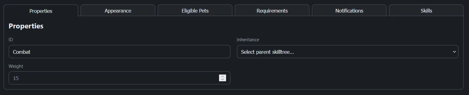 The Properties section showing the ID, Inheritance, and Weight fields.